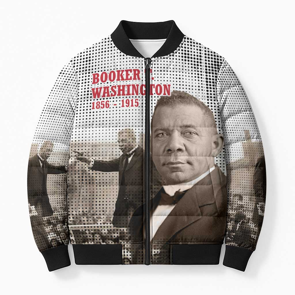 Booker T. Washington Bomber Puffer Jacket Halftone Portrait Design Tilling a Field Quote Historical Civil Rights Tribute - Wonder Print Shop