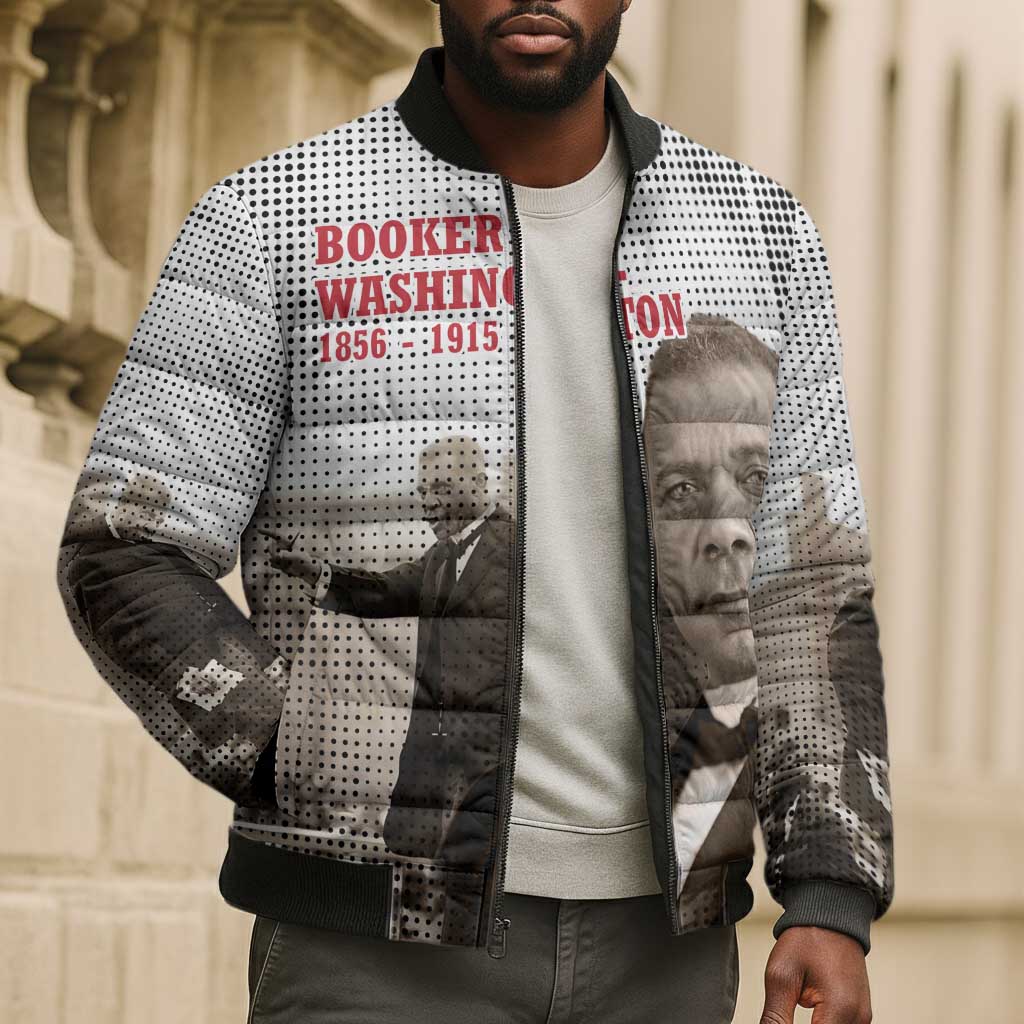 Booker T. Washington Bomber Puffer Jacket Halftone Portrait Design Tilling a Field Quote Historical Civil Rights Tribute - Wonder Print Shop