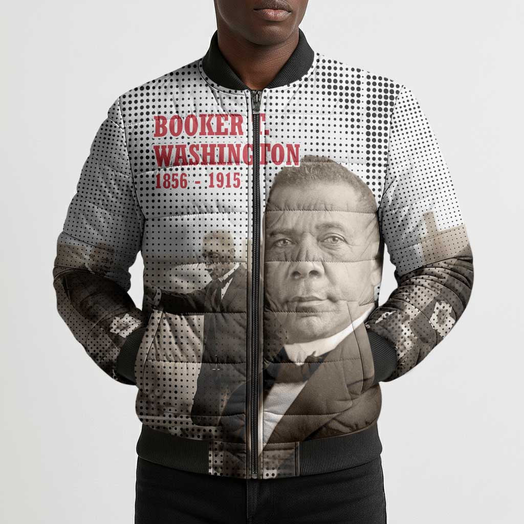 Booker T. Washington Bomber Puffer Jacket Halftone Portrait Design Tilling a Field Quote Historical Civil Rights Tribute - Wonder Print Shop