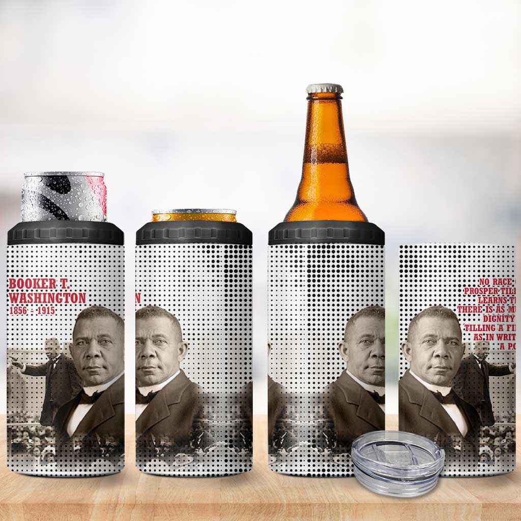 Booker T. Washington 4 in 1 Can Cooler Tumbler Halftone Portrait Design Tilling a Field Quote Historical Civil Rights Tribute - Wonder Print Shop