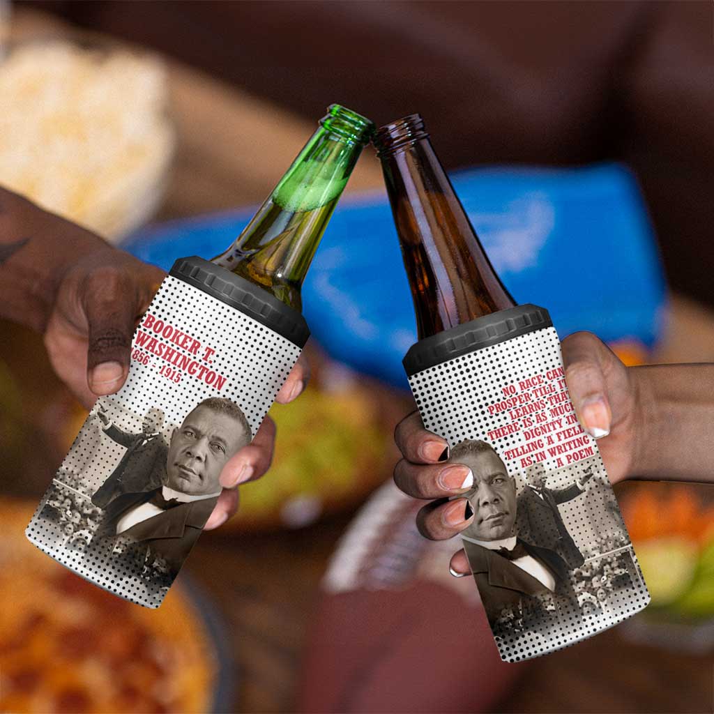 Booker T. Washington 4 in 1 Can Cooler Tumbler Halftone Portrait Design Tilling a Field Quote Historical Civil Rights Tribute - Wonder Print Shop