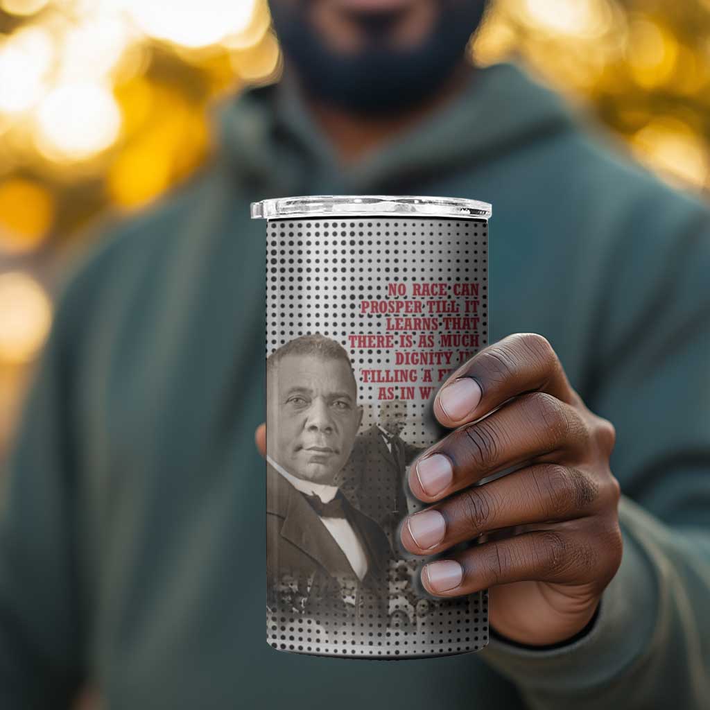 Booker T. Washington 4 in 1 Can Cooler Tumbler Halftone Portrait Design Tilling a Field Quote Historical Civil Rights Tribute - Wonder Print Shop