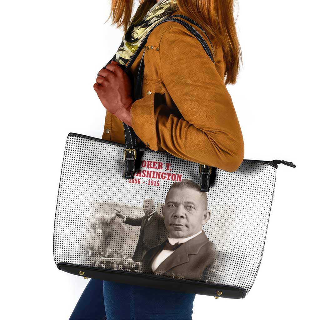 Booker T. Washington Leather Tote Bag Halftone Portrait Design Tilling a Field Quote Historical Civil Rights Tribute - Wonder Print Shop