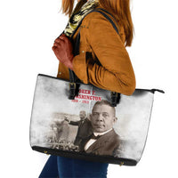 Booker T. Washington Leather Tote Bag Halftone Portrait Design Tilling a Field Quote Historical Civil Rights Tribute - Wonder Print Shop