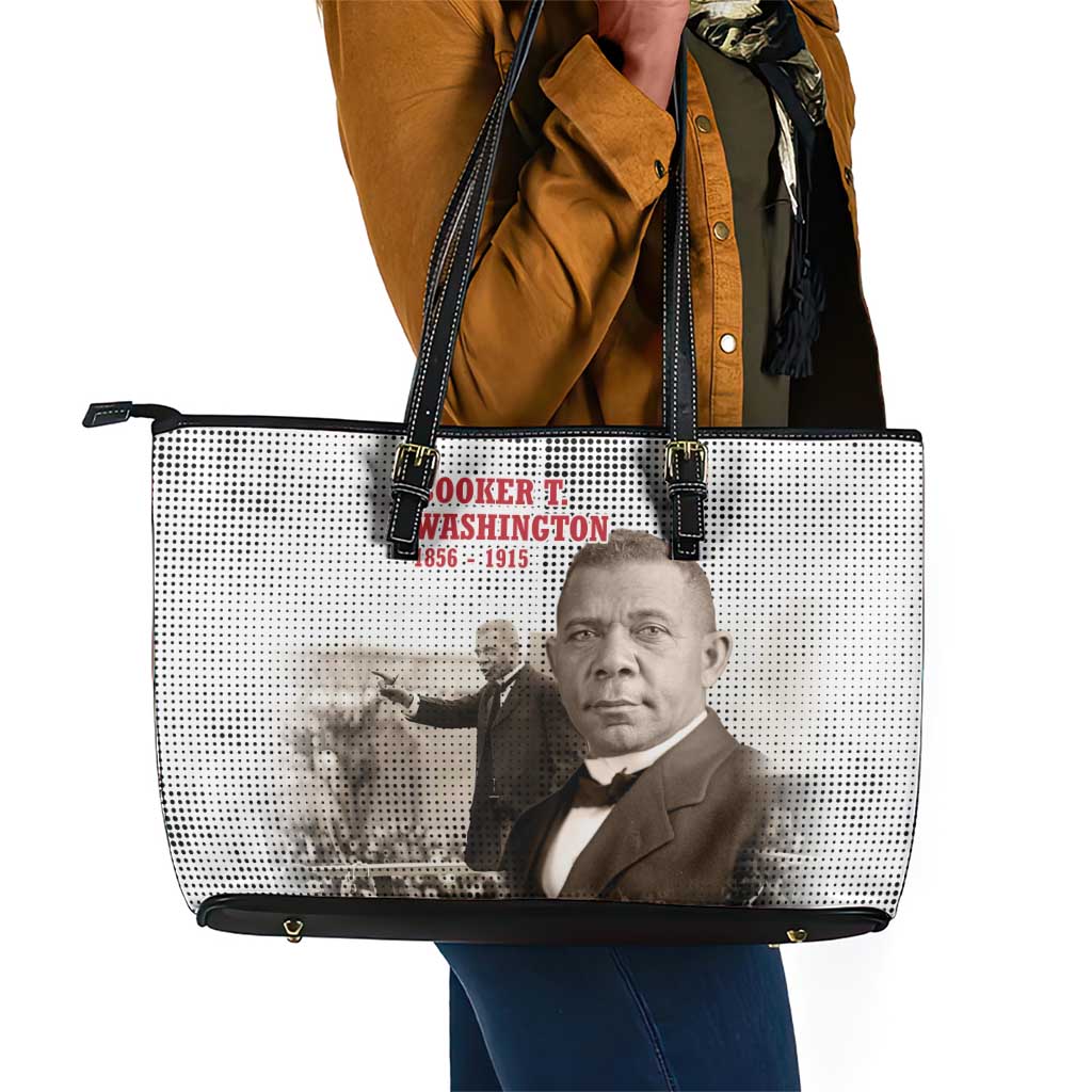 Booker T. Washington Leather Tote Bag Halftone Portrait Design Tilling a Field Quote Historical Civil Rights Tribute - Wonder Print Shop