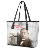 Booker T. Washington Leather Tote Bag Halftone Portrait Design Tilling a Field Quote Historical Civil Rights Tribute - Wonder Print Shop