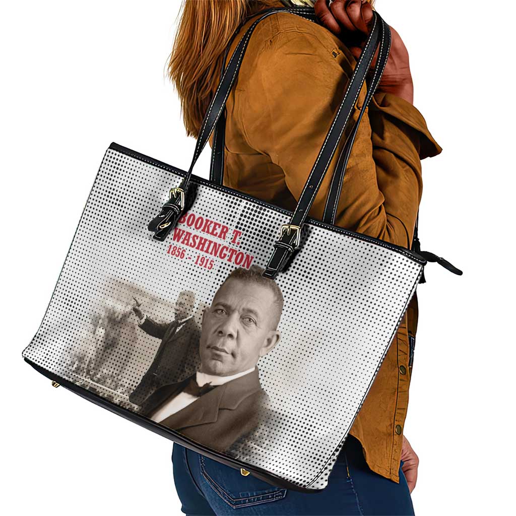 Booker T. Washington Leather Tote Bag Halftone Portrait Design Tilling a Field Quote Historical Civil Rights Tribute - Wonder Print Shop
