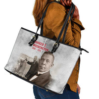 Booker T. Washington Leather Tote Bag Halftone Portrait Design Tilling a Field Quote Historical Civil Rights Tribute - Wonder Print Shop