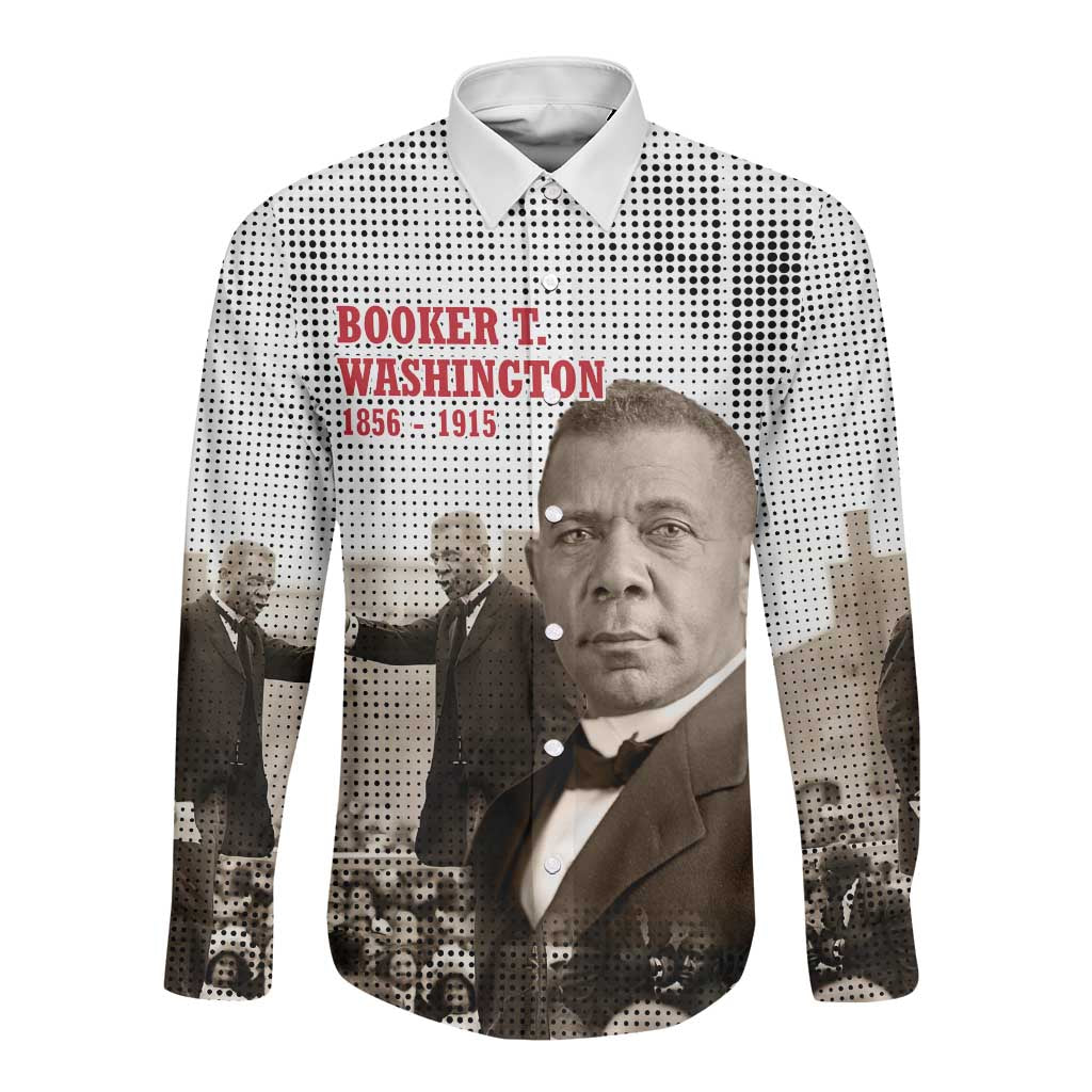 Booker T. Washington Long Sleeve Button Shirt Halftone Portrait Design Tilling a Field Quote Historical Civil Rights Tribute - Wonder Print Shop