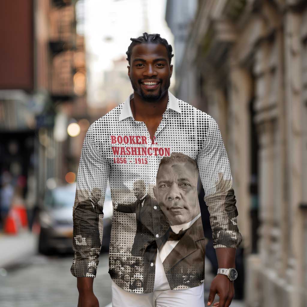 Booker T. Washington Long Sleeve Button Shirt Halftone Portrait Design Tilling a Field Quote Historical Civil Rights Tribute - Wonder Print Shop