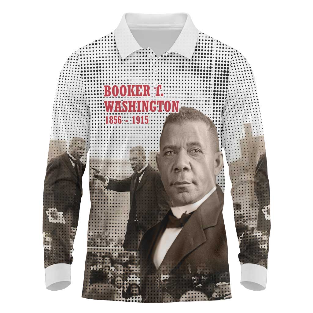 Booker T. Washington Long Sleeve Polo Shirt Halftone Portrait Design Tilling a Field Quote Historical Civil Rights Tribute - Wonder Print Shop