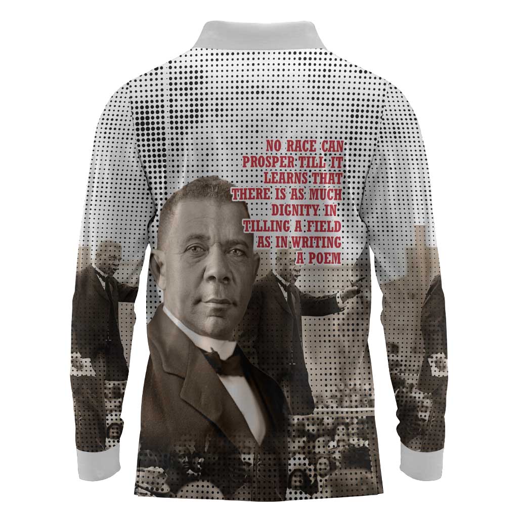 Booker T. Washington Long Sleeve Polo Shirt Halftone Portrait Design Tilling a Field Quote Historical Civil Rights Tribute - Wonder Print Shop