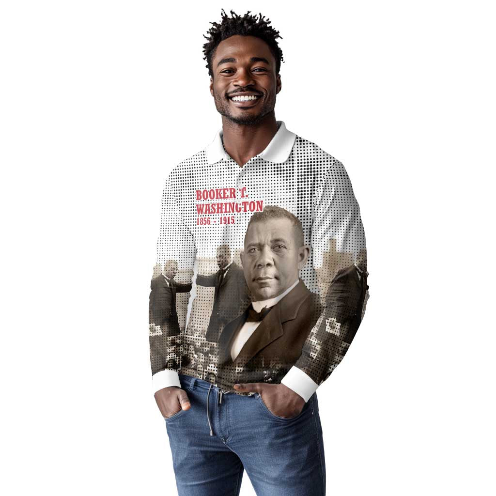 Booker T. Washington Long Sleeve Polo Shirt Halftone Portrait Design Tilling a Field Quote Historical Civil Rights Tribute - Wonder Print Shop