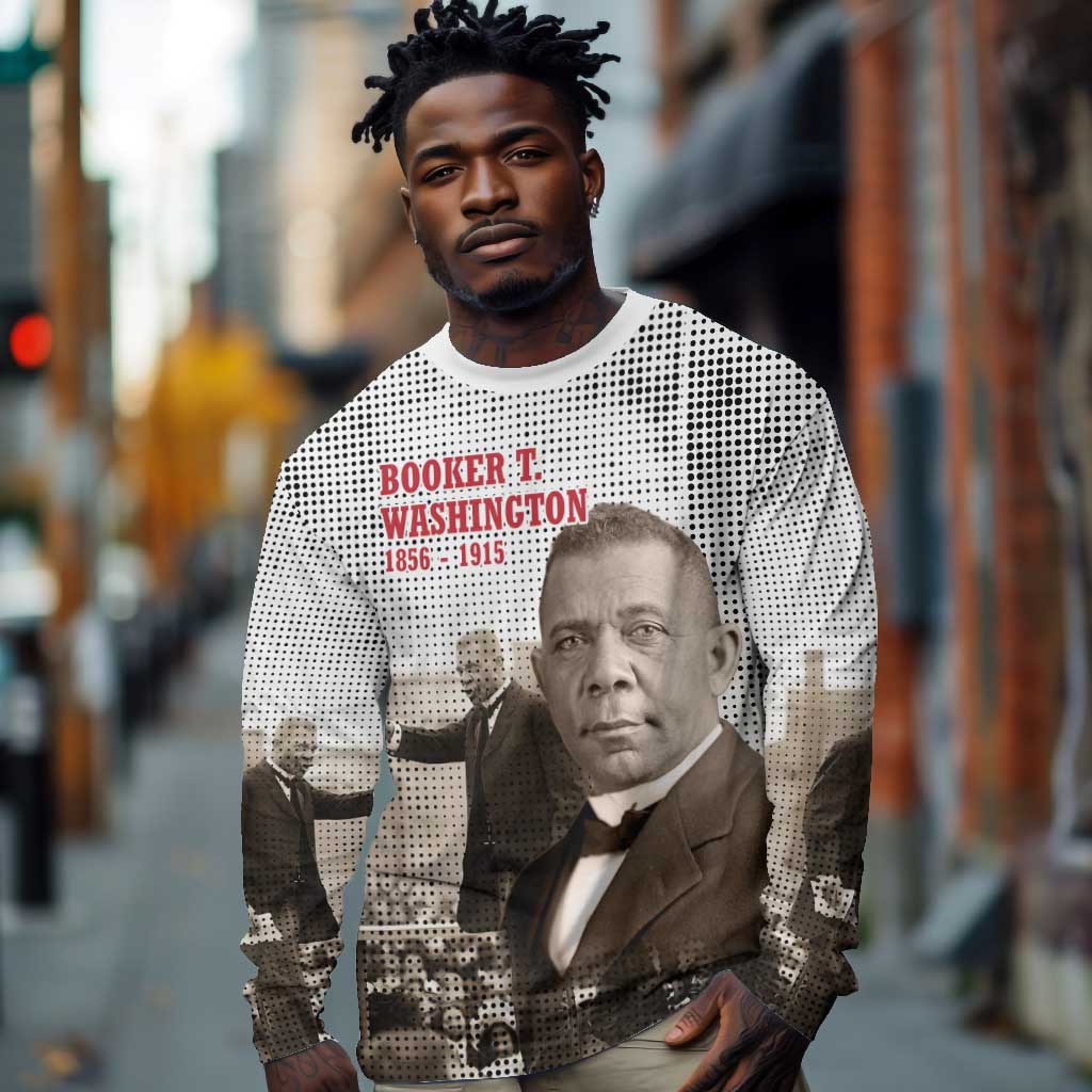 Booker T. Washington Long Sleeve Shirt Halftone Portrait Design Tilling a Field Quote Historical Civil Rights Tribute - Wonder Print Shop