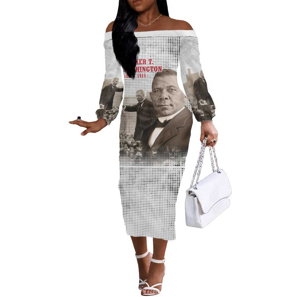 Booker T. Washington Off The Shoulder Long Sleeve Dress Halftone Portrait Design Tilling a Field Quote Historical Civil Rights Tribute - Wonder Print Shop