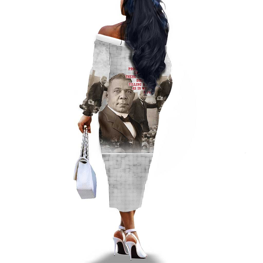 Booker T. Washington Off The Shoulder Long Sleeve Dress Halftone Portrait Design Tilling a Field Quote Historical Civil Rights Tribute - Wonder Print Shop