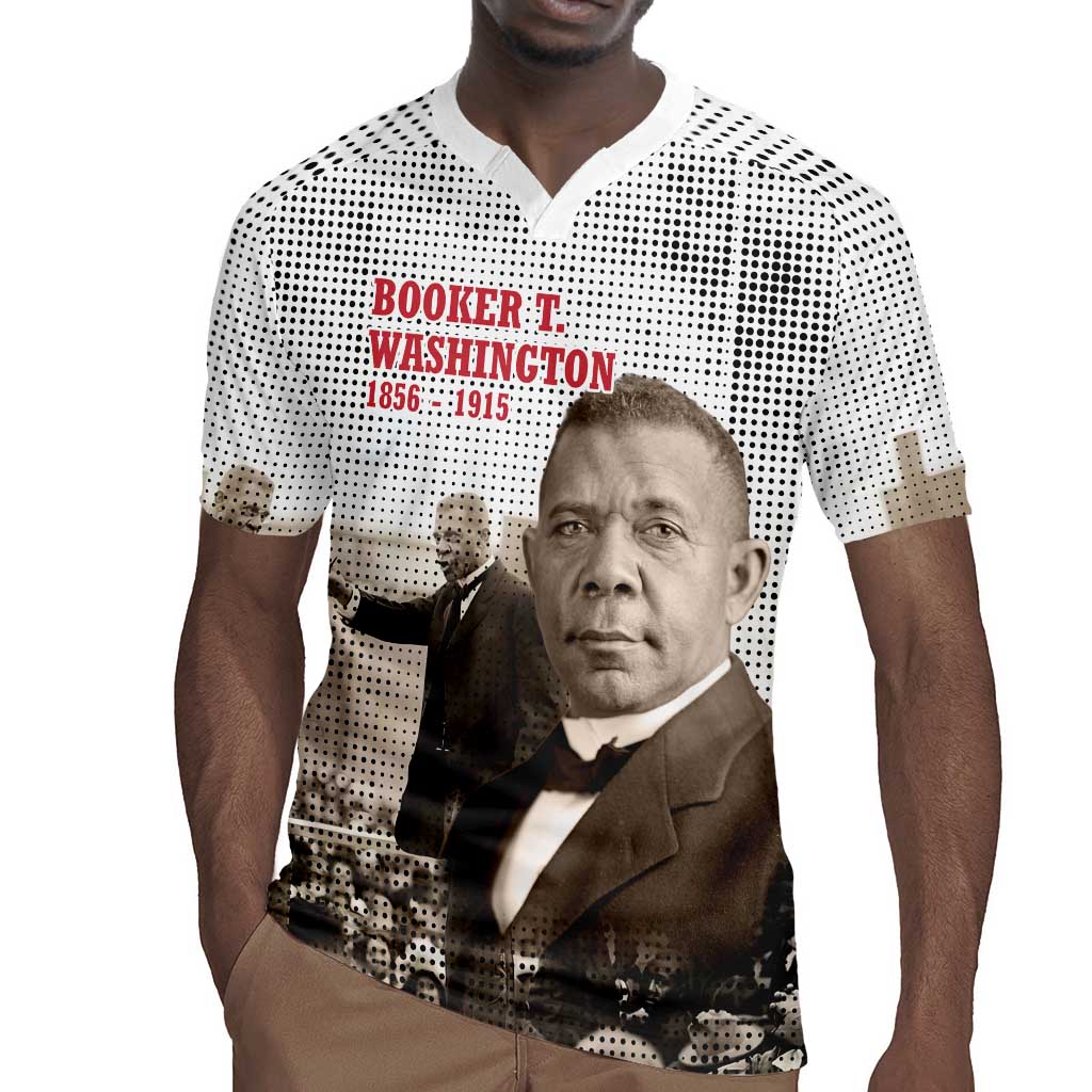 Booker T. Washington Rugby Jersey Halftone Portrait Design Tilling a Field Quote Historical Civil Rights Tribute TS04