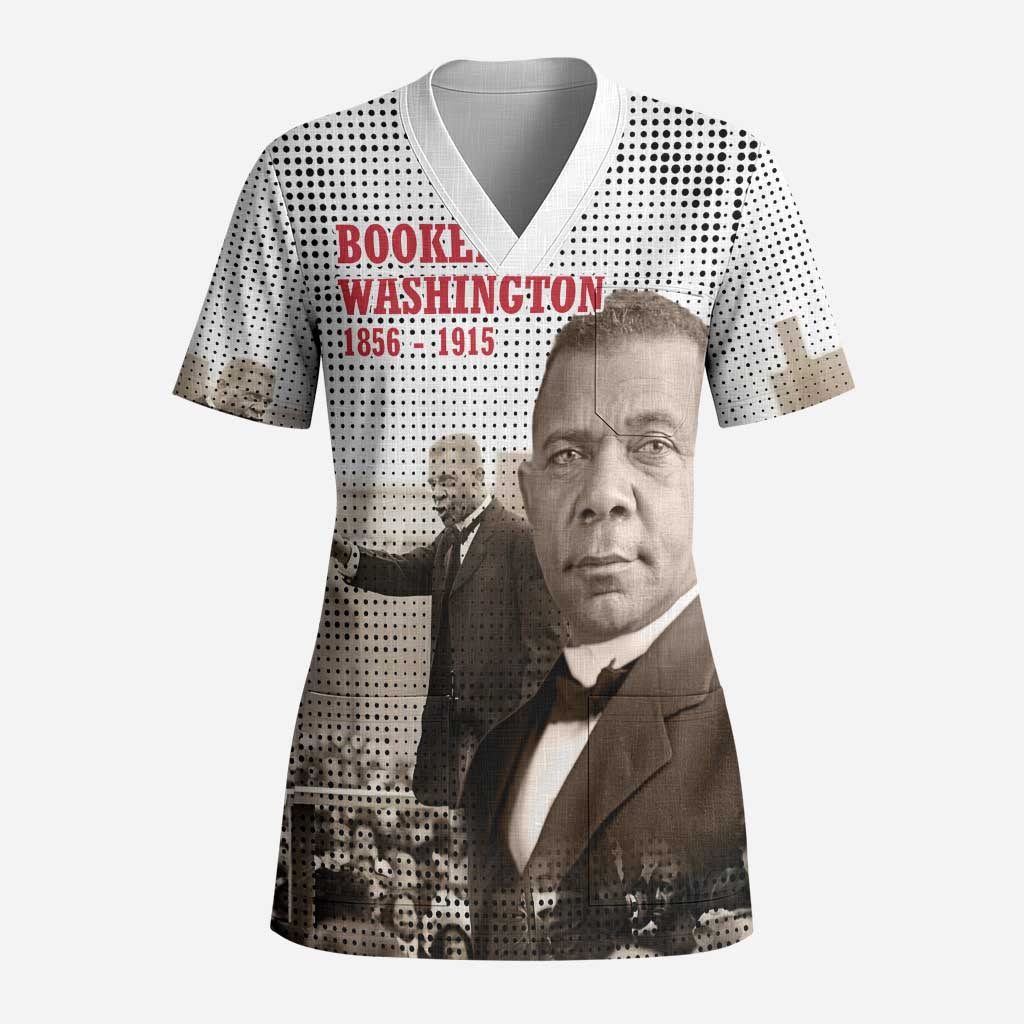 Booker T. Washington Scrub Top Halftone Portrait Design Tilling a Field Quote Historical Civil Rights Tribute - Wonder Print Shop