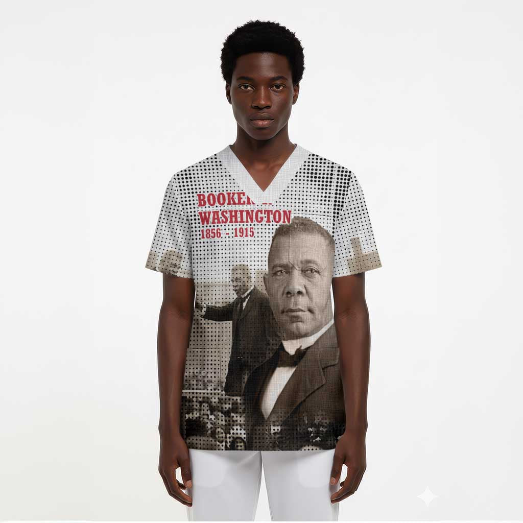 Booker T. Washington Scrub Top Halftone Portrait Design Tilling a Field Quote Historical Civil Rights Tribute - Wonder Print Shop