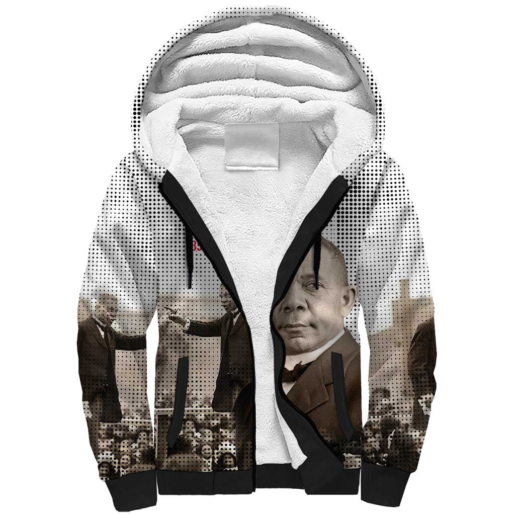Booker T. Washington Sherpa Hoodie Halftone Portrait Design Tilling a Field Quote Historical Civil Rights Tribute - Wonder Print Shop
