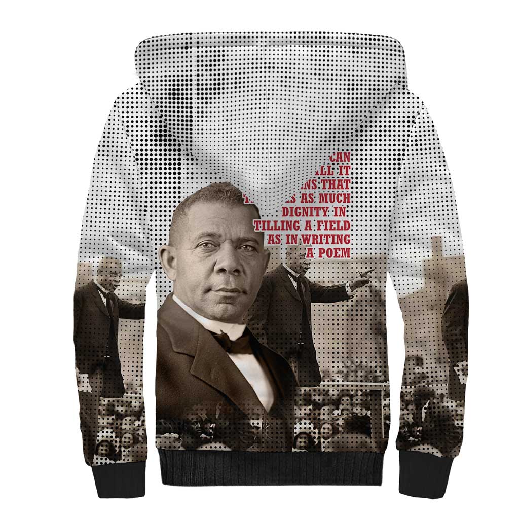 Booker T. Washington Sherpa Hoodie Halftone Portrait Design Tilling a Field Quote Historical Civil Rights Tribute - Wonder Print Shop