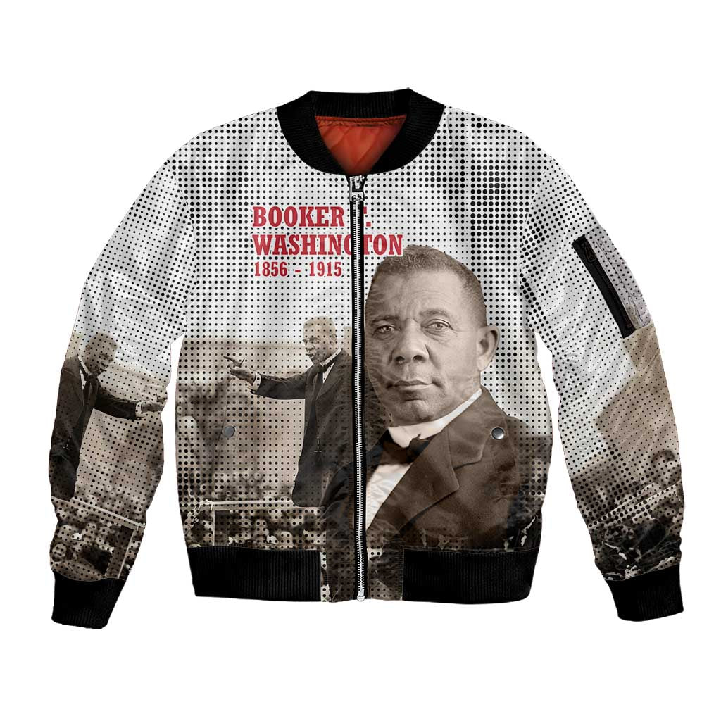 Booker T. Washington Sleeve Zip Bomber Jacket Halftone Portrait Design Tilling a Field Quote Historical Civil Rights Tribute - Wonder Print Shop