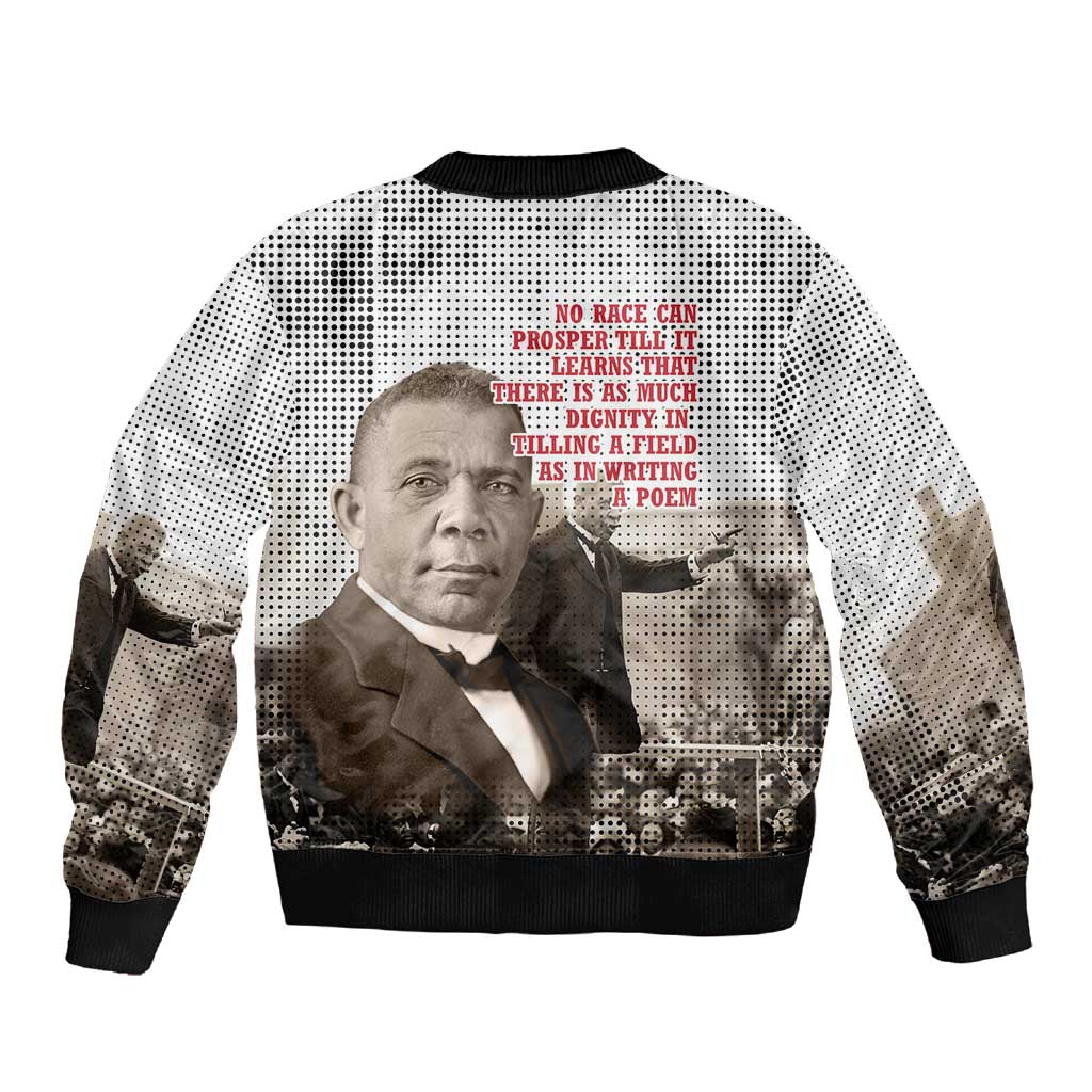 Booker T. Washington Sleeve Zip Bomber Jacket Halftone Portrait Design Tilling a Field Quote Historical Civil Rights Tribute - Wonder Print Shop