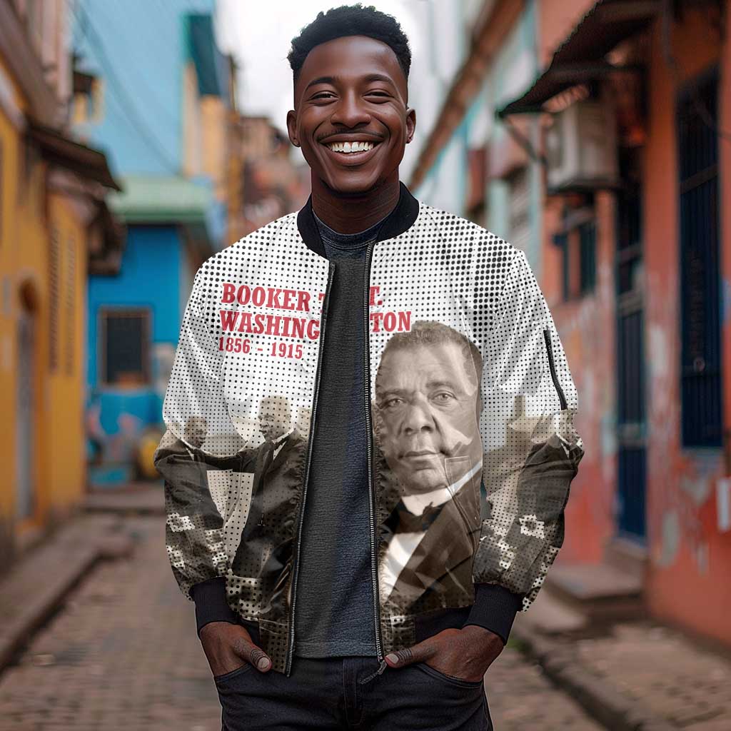 Booker T. Washington Sleeve Zip Bomber Jacket Halftone Portrait Design Tilling a Field Quote Historical Civil Rights Tribute - Wonder Print Shop