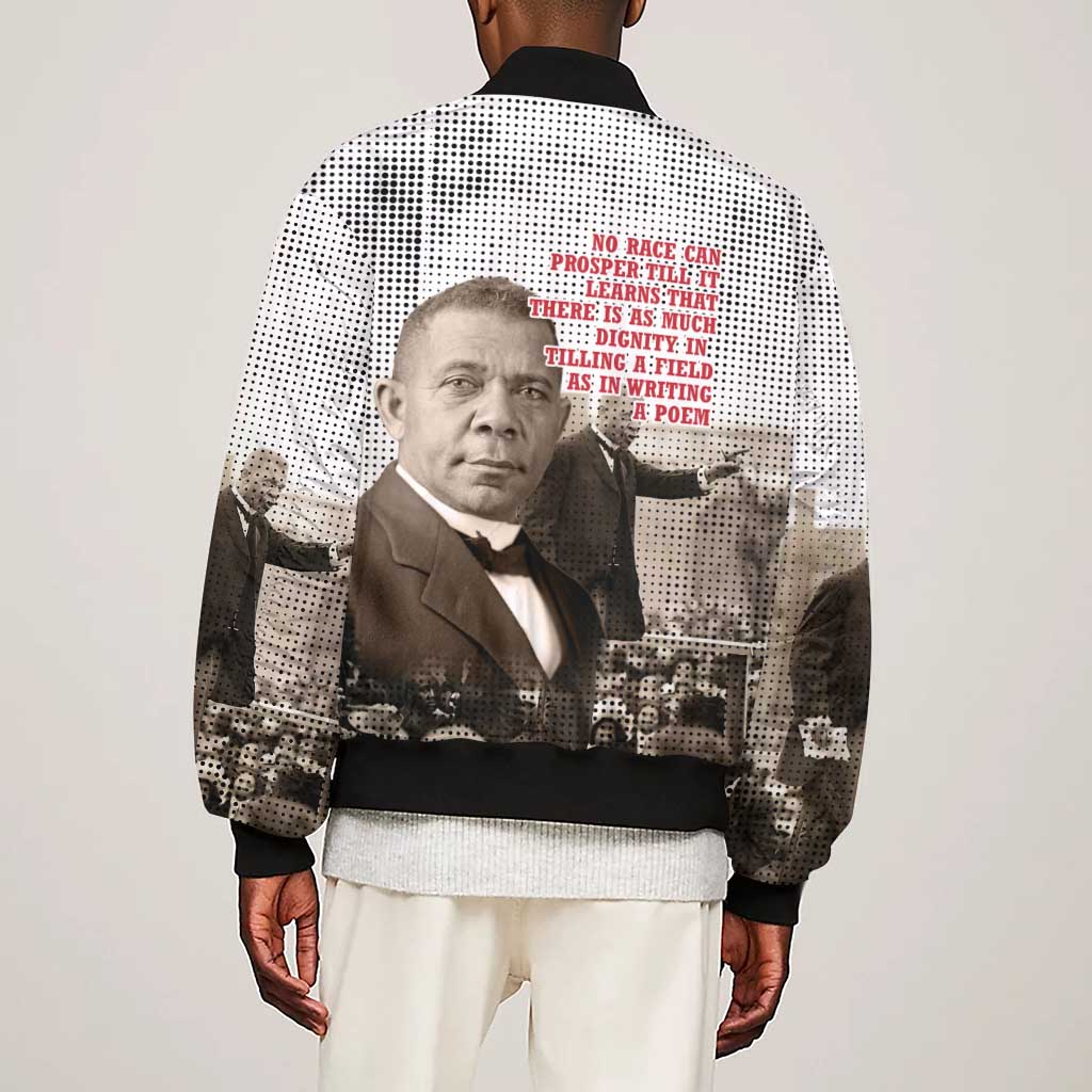 Booker T. Washington Sleeve Zip Bomber Jacket Halftone Portrait Design Tilling a Field Quote Historical Civil Rights Tribute - Wonder Print Shop