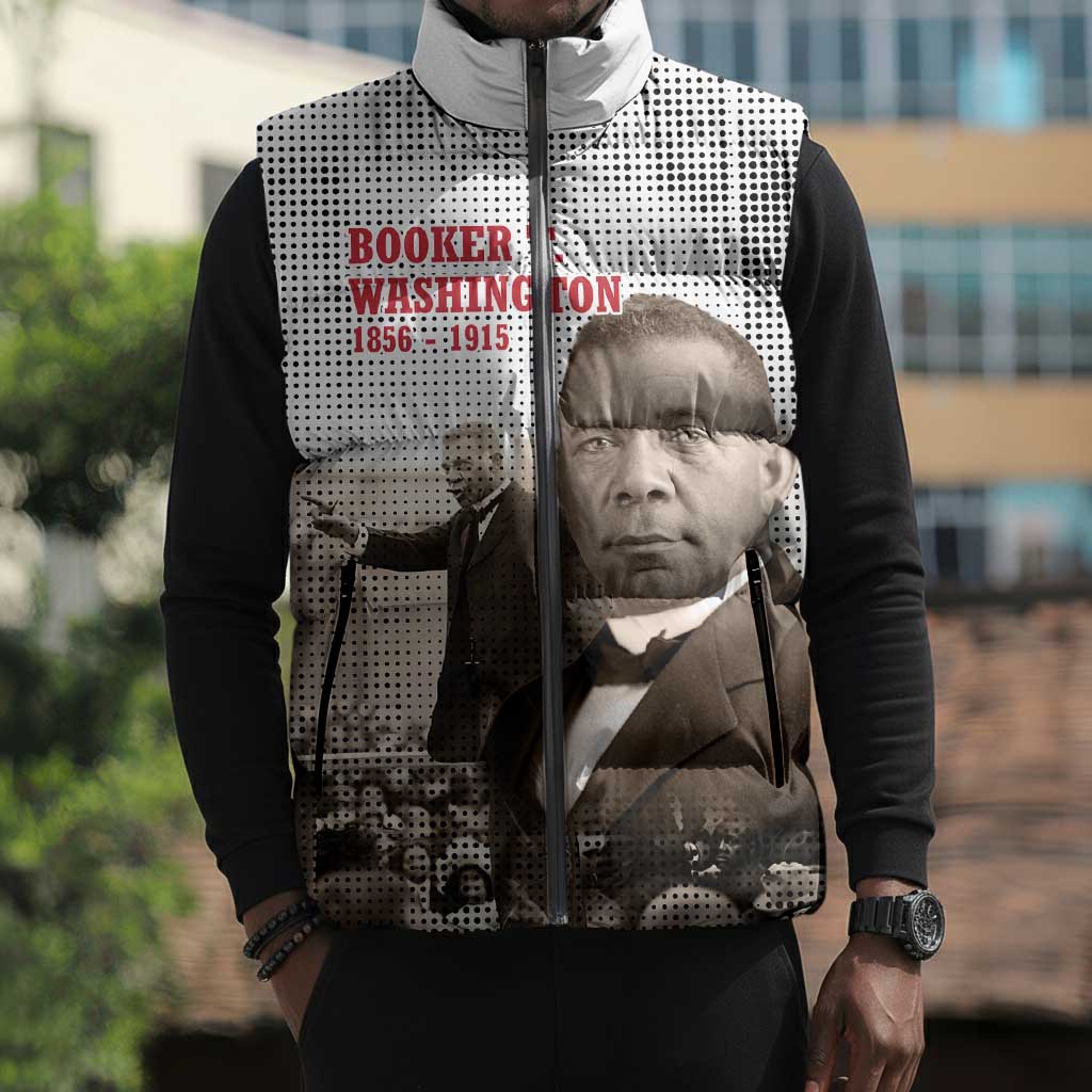 Booker T. Washington Sleeveless Puffer Jacket Halftone Portrait Design Tilling a Field Quote Historical Civil Rights Tribute - Wonder Print Shop