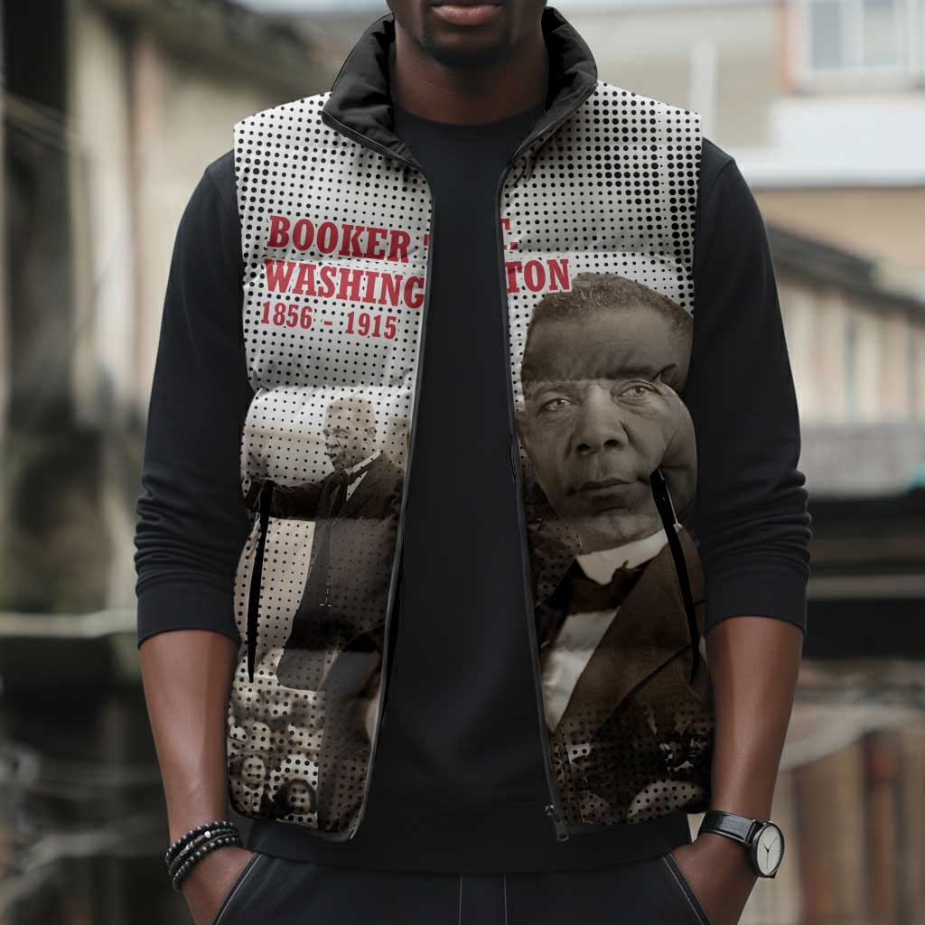 Booker T. Washington Sleeveless Puffer Jacket Halftone Portrait Design Tilling a Field Quote Historical Civil Rights Tribute - Wonder Print Shop