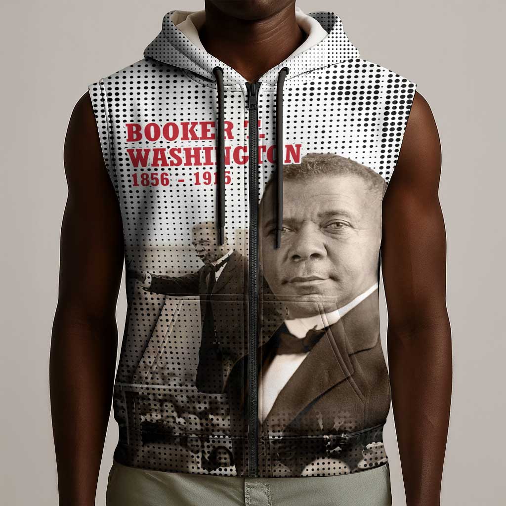 Booker T. Washington Sleeveless Zip Hoodie Halftone Portrait Design Tilling a Field Quote Historical Civil Rights Tribute - Wonder Print Shop