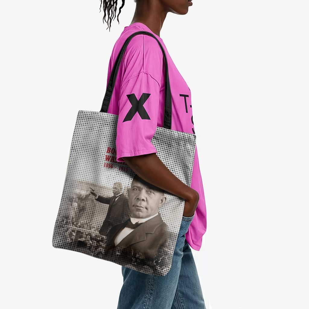 Booker T. Washington Tote Bag Halftone Portrait Design Tilling a Field Quote Historical Civil Rights Tribute - Wonder Print Shop