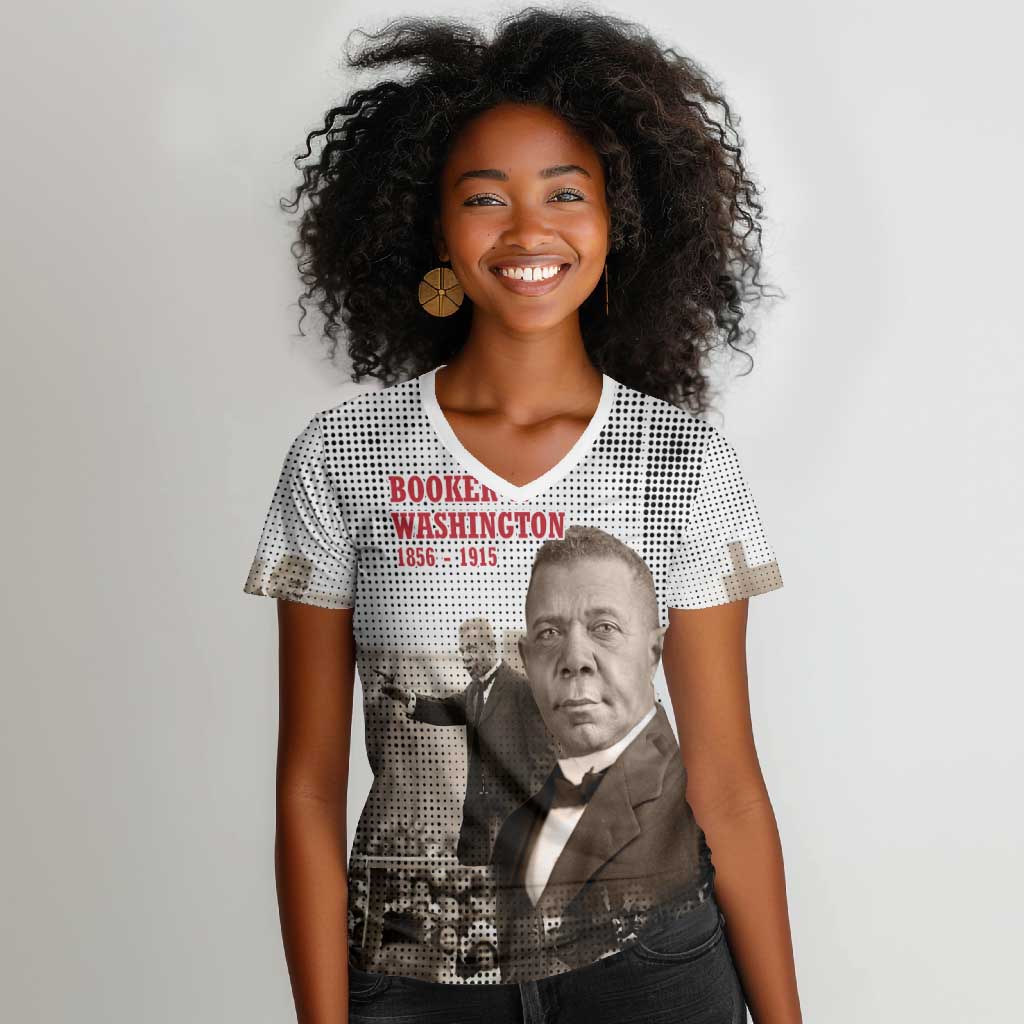 Booker T. Washington Women V-Neck T-Shirt Halftone Portrait Design Tilling a Field Quote Historical Civil Rights Tribute TS04