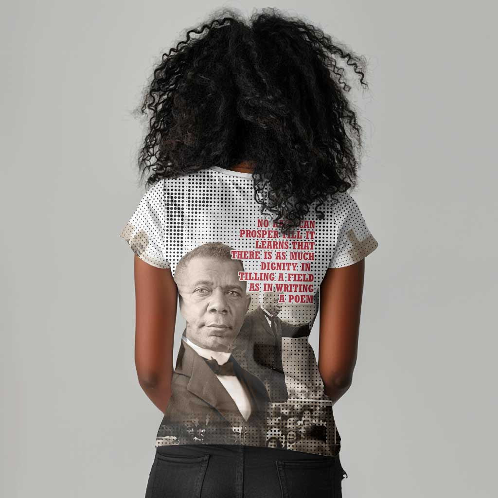 Booker T. Washington Women V-Neck T-Shirt Halftone Portrait Design Tilling a Field Quote Historical Civil Rights Tribute TS04