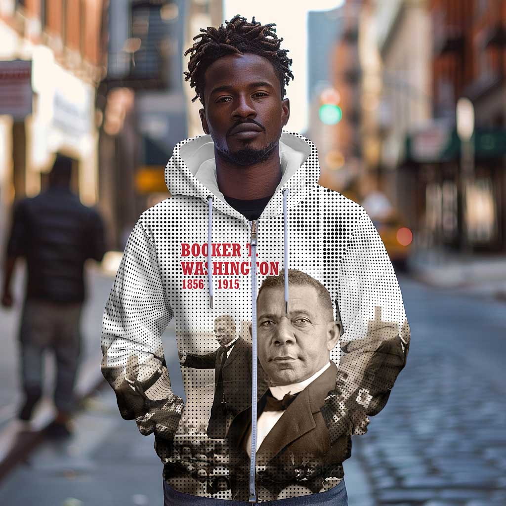 Booker T. Washington Zip Hoodie Halftone Portrait Design Tilling a Field Quote Historical Civil Rights Tribute - Wonder Print Shop