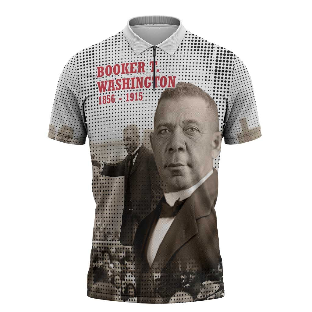Booker T. Washington Zipper Polo Shirt Halftone Portrait Design Tilling a Field Quote Historical Civil Rights Tribute - Wonder Print Shop