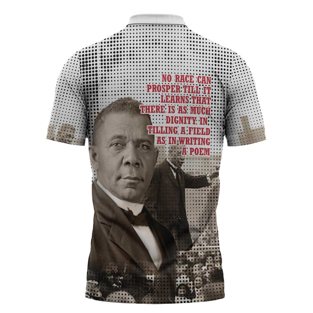 Booker T. Washington Zipper Polo Shirt Halftone Portrait Design Tilling a Field Quote Historical Civil Rights Tribute - Wonder Print Shop