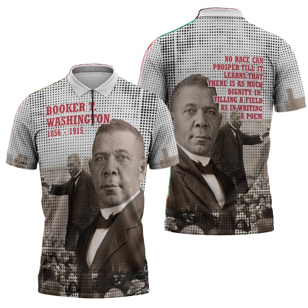 Booker T. Washington Zipper Polo Shirt Halftone Portrait Design Tilling a Field Quote Historical Civil Rights Tribute - Wonder Print Shop