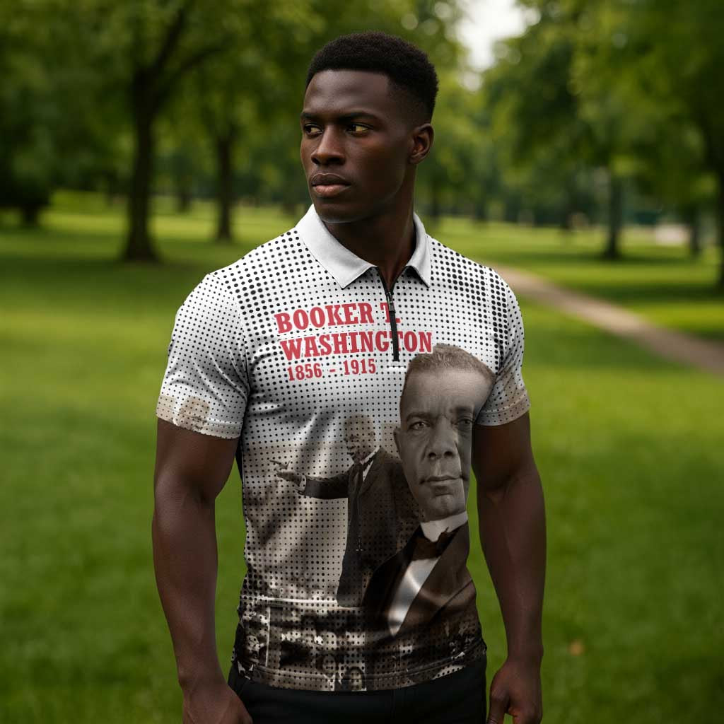 Booker T. Washington Zipper Polo Shirt Halftone Portrait Design Tilling a Field Quote Historical Civil Rights Tribute - Wonder Print Shop