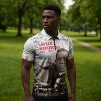 Booker T. Washington Zipper Polo Shirt Halftone Portrait Design Tilling a Field Quote Historical Civil Rights Tribute - Wonder Print Shop