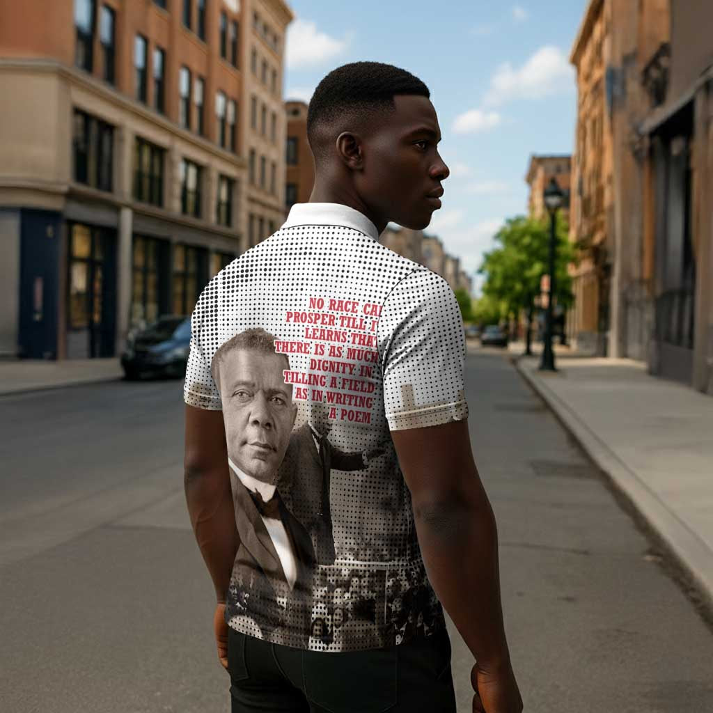 Booker T. Washington Zipper Polo Shirt Halftone Portrait Design Tilling a Field Quote Historical Civil Rights Tribute - Wonder Print Shop