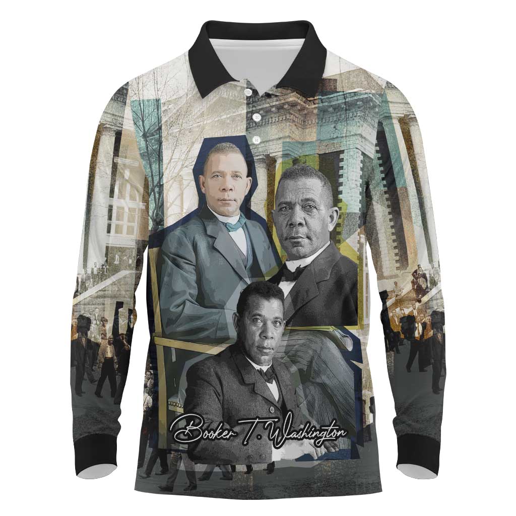 Booker T. Washington Long Sleeve Polo Shirt Historic Portrait Collage Civil Rights Legacy Educational Pioneer Design - Wonder Print Shop