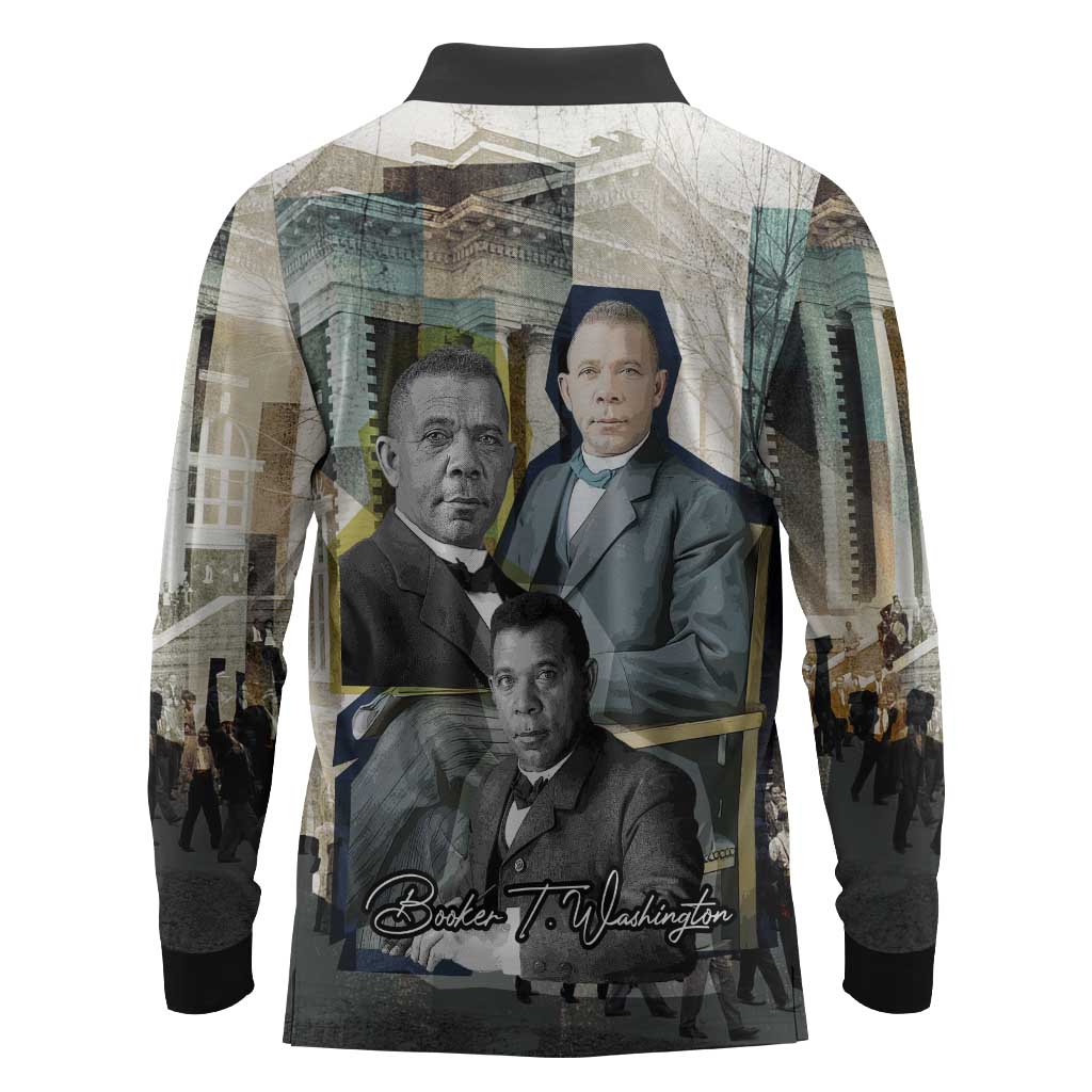 Booker T. Washington Long Sleeve Polo Shirt Historic Portrait Collage Civil Rights Legacy Educational Pioneer Design - Wonder Print Shop