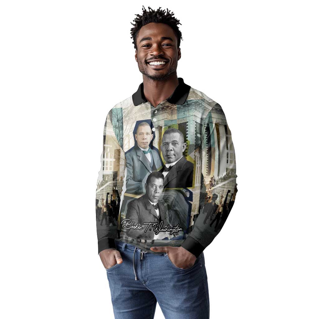 Booker T. Washington Long Sleeve Polo Shirt Historic Portrait Collage Civil Rights Legacy Educational Pioneer Design - Wonder Print Shop