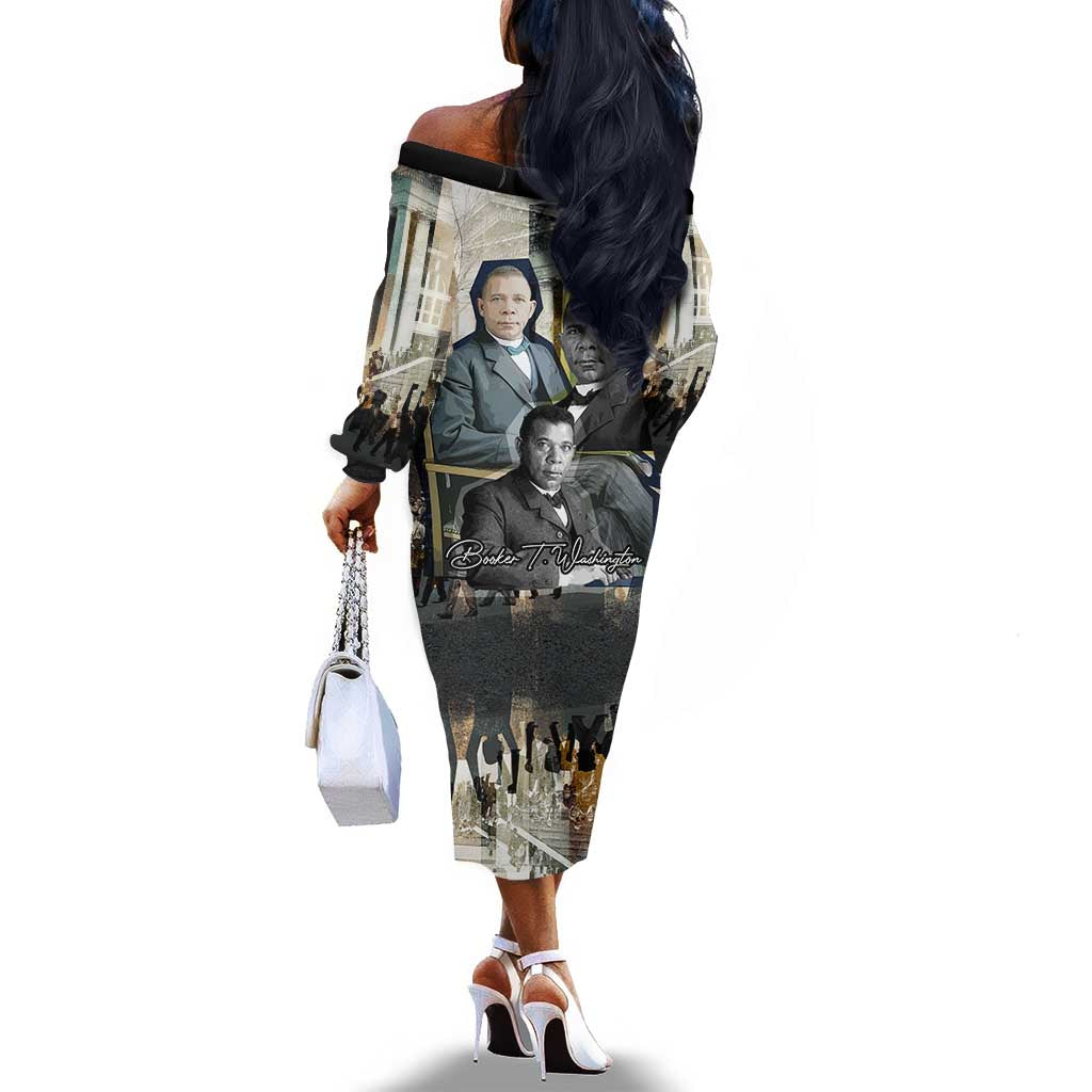 Booker T. Washington Off The Shoulder Long Sleeve Dress Historic Portrait Collage Civil Rights Legacy Educational Pioneer Design - Wonder Print Shop