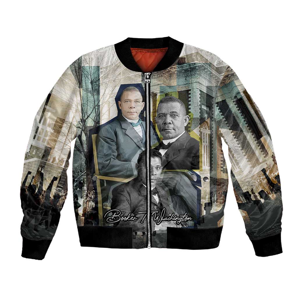 Booker T. Washington Sleeve Zip Bomber Jacket Historic Portrait Collage Civil Rights Legacy Educational Pioneer Design - Wonder Print Shop