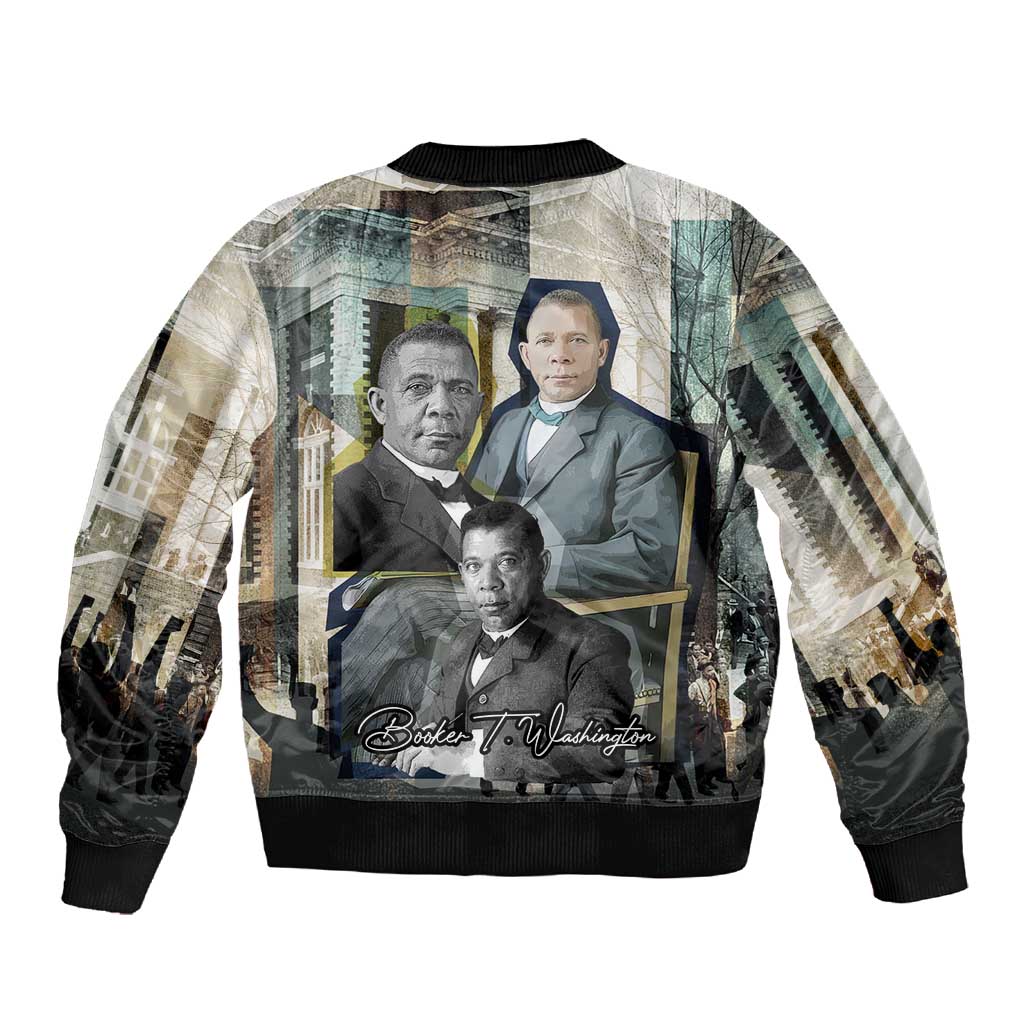 Booker T. Washington Sleeve Zip Bomber Jacket Historic Portrait Collage Civil Rights Legacy Educational Pioneer Design - Wonder Print Shop