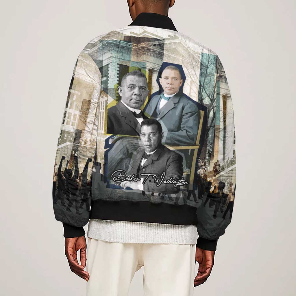 Booker T. Washington Sleeve Zip Bomber Jacket Historic Portrait Collage Civil Rights Legacy Educational Pioneer Design - Wonder Print Shop