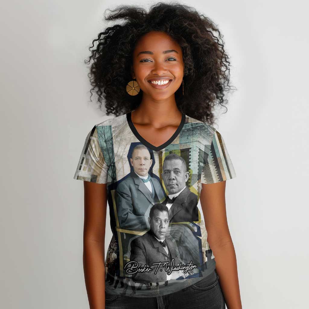 Booker T. Washington Women V-Neck T-Shirt Historic Portrait Collage Civil Rights Legacy Educational Pioneer Design TS04